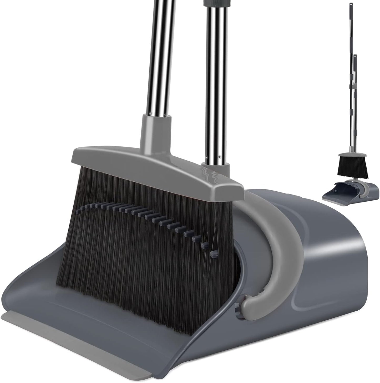 Ivandar Broom with Dustpan Combo Set, 50.6 inch Long Handle, Upright Standing Broom and Dustpan Set Quiet Cleaning Tool Sweep the Floor Dust pan Removes 4 Times More Pet Hair(Brown and Gray)