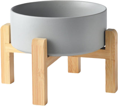 6'' Ceramic Raised Dog Bowl - 30Oz Dog Food & Water Bowl with Elevated Non-Slip Bamboo Stand, Dishwasher & Microwave Safe, Anti Vomiting Heavy Duty Pet Bowl for Small and Medium Dogs, White