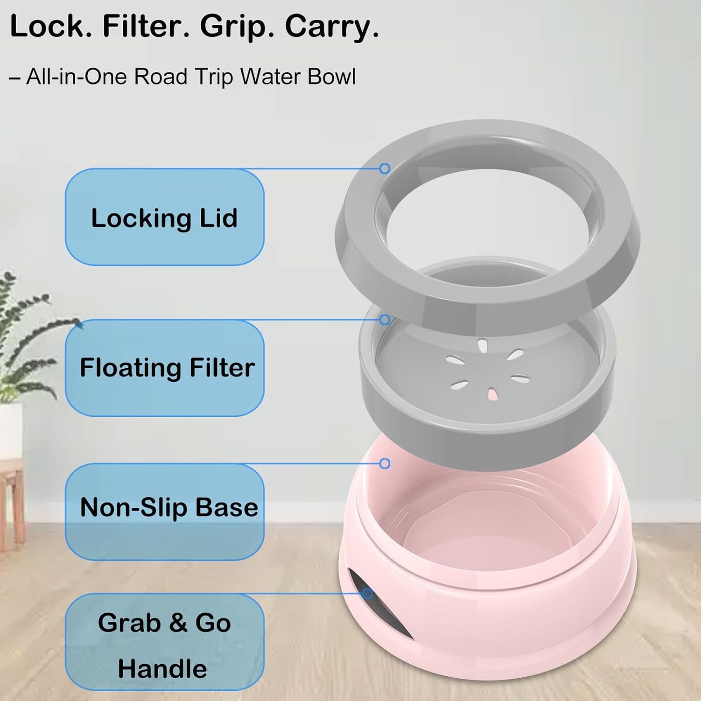 25oz Slow Drink Dog Water Bowl, No Spill Water Bowl for Dogs Cats, Non-Splash No Mess Puppy Kitten Water Feeder, Carried Portable Base for Vehicle Car,Travel,Home (Small/Medium Pets) - Pink