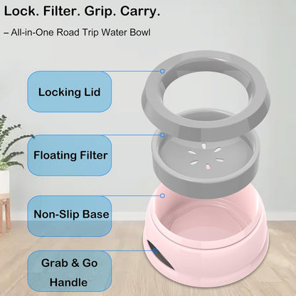 25oz Slow Drink Dog Water Bowl, No Spill Water Bowl for Dogs Cats, Non-Splash No Mess Puppy Kitten Water Feeder, Carried Portable Base for Vehicle Car,Travel,Home (Small/Medium Pets) - Pink