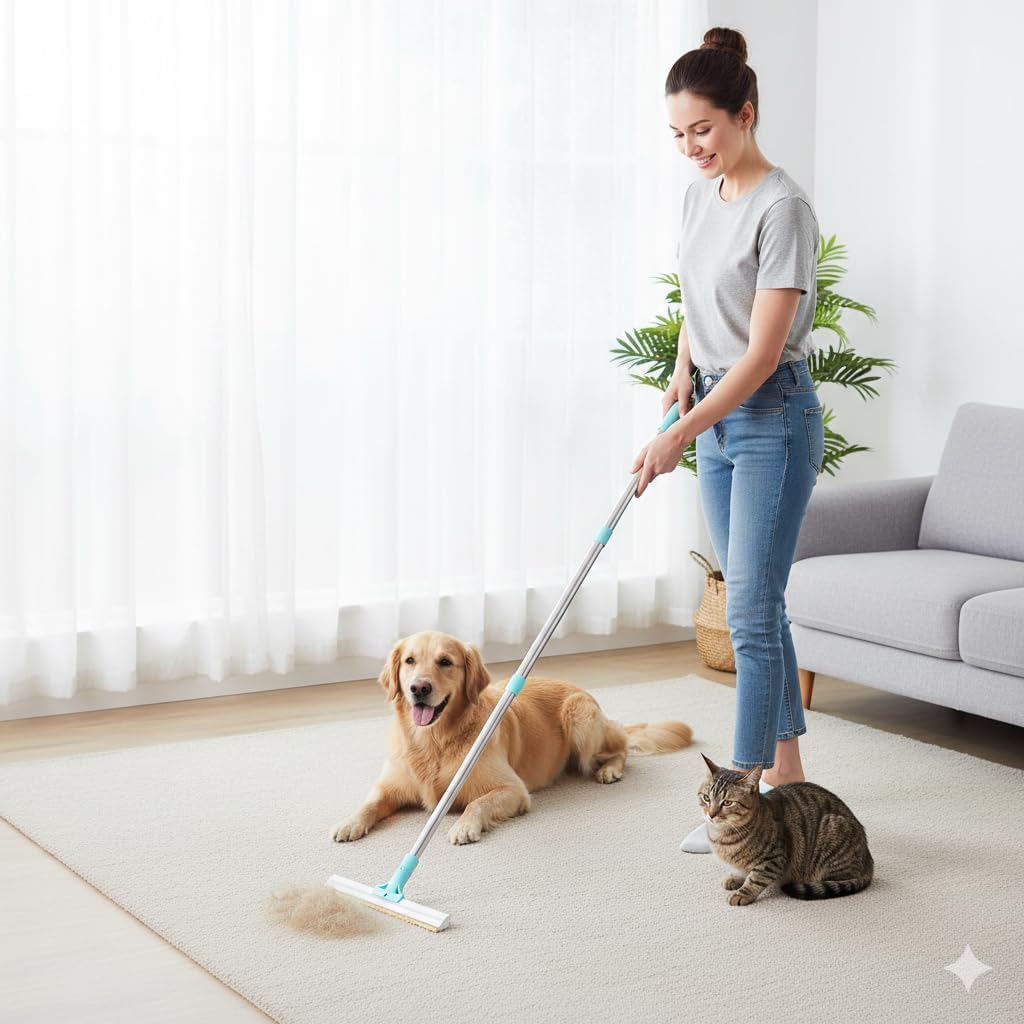 Telescopic Carpet Rake for Pet Hair, 36-55" Adjustable Rug Rake to Remove Dog Cat Hair & Fluff Matted Carpet, Stand Up Cleaning Tool for Under Furniture