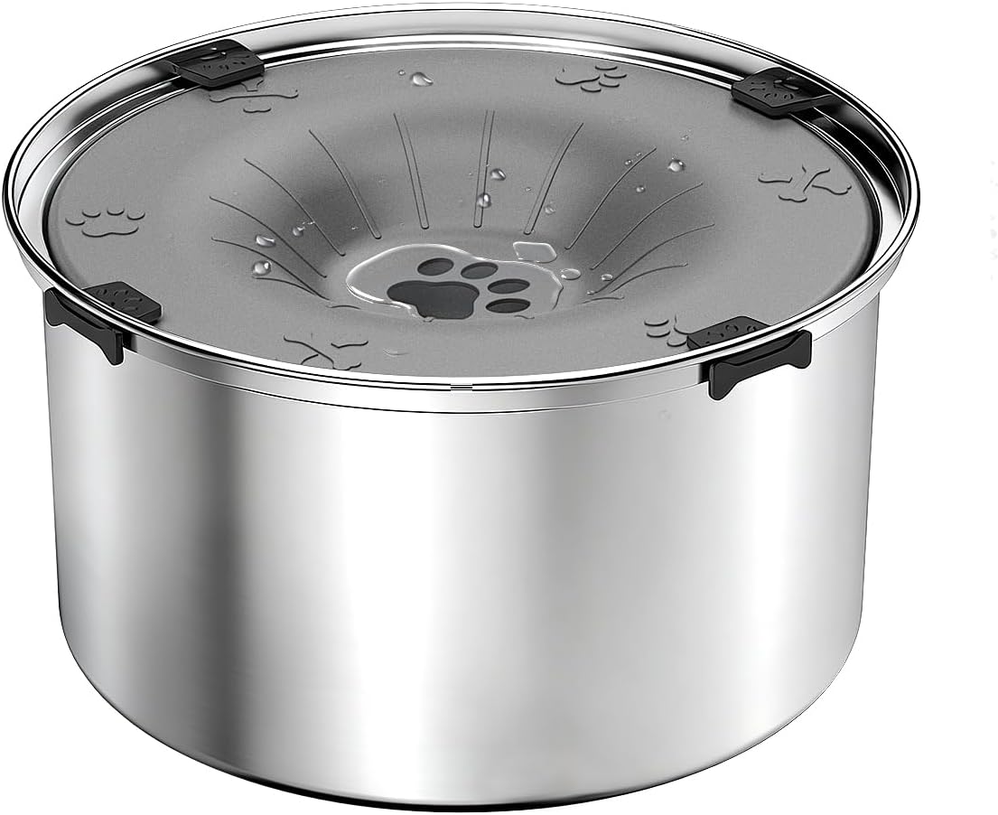 SCHITEC No Spill Dog Water Bowl for Large Dogs, 5.6L / 1.5 Gallon Stainless Steel Splash-Proof Slow Drinking Pet Dish with Floating Disk & Non-Slip Base, Mess-Free Design for Home or Travel-Light Gray