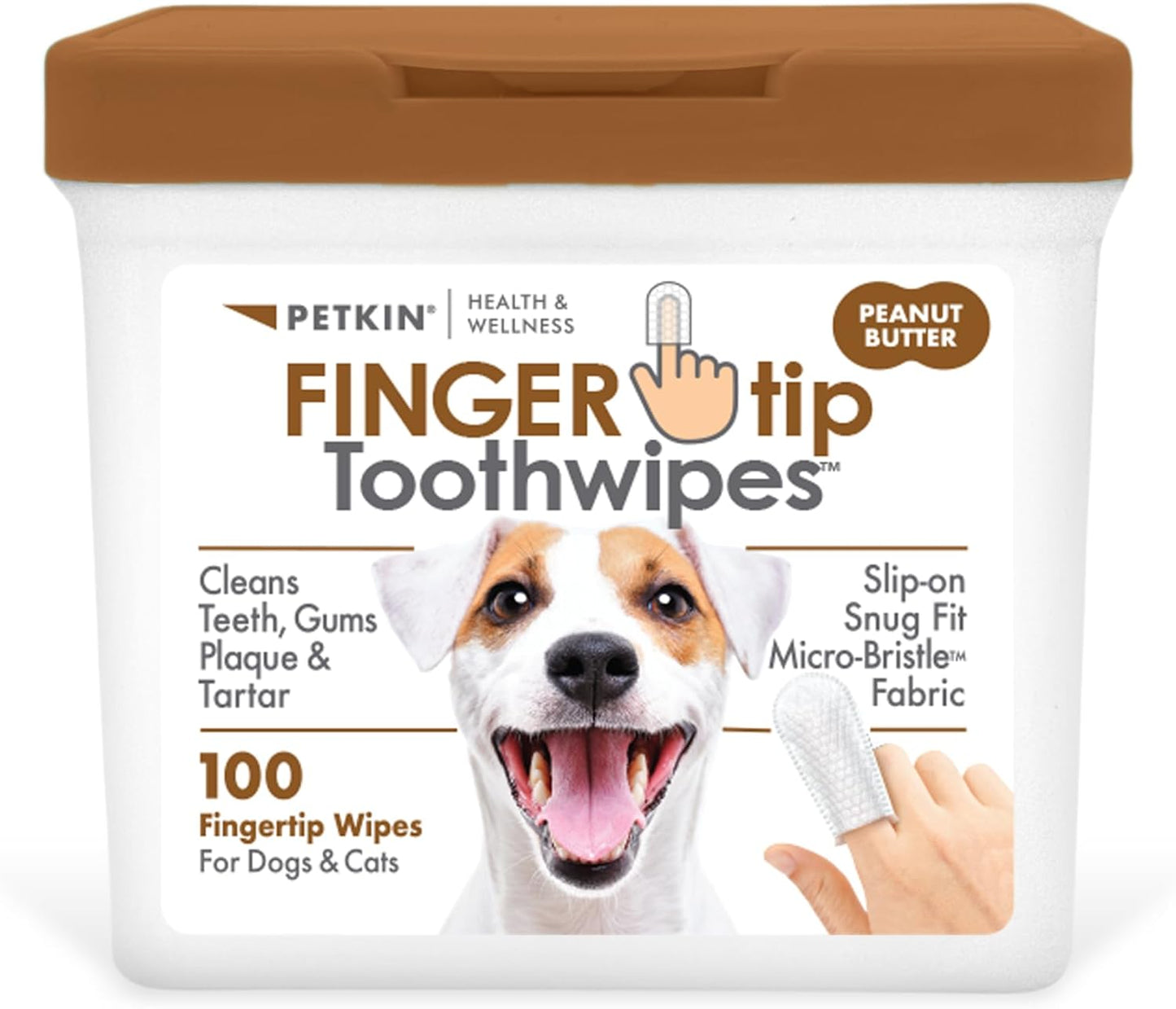 Petkin Fingertip Tooth Wipes for Dogs and Cats, 50 Finger Wipes - Slip-On, Snug Fit, Micro-Bristle Fabric - Cleans Teeth, Gums, Plaque & Tartar - Convenient, Ideal for Home and Travel - Peanut Butter
