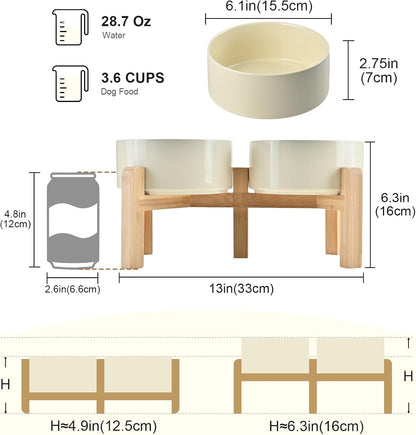 SPUNKYJUNKY Elevated Dog Bowls Ceramic, 6.1'' Dogs and Cat Food Water Bowls Raised with Non-Slip Bamboo Stand for Medium Sized Breed Microwave Dishwasher Safe - 28.7 OZ,Beige