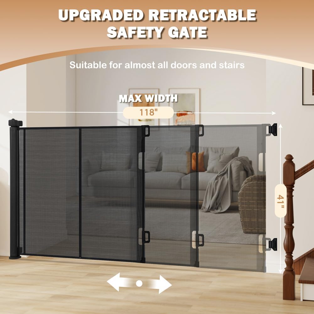 SMONTER Extra Wide Retractable Dog Gates, Mesh Baby Gate with Support Rods Extend to 118" Wide 33" Tall, Portable Safety Retractable Gate for Stairs, Indoor/Outdoor, Black