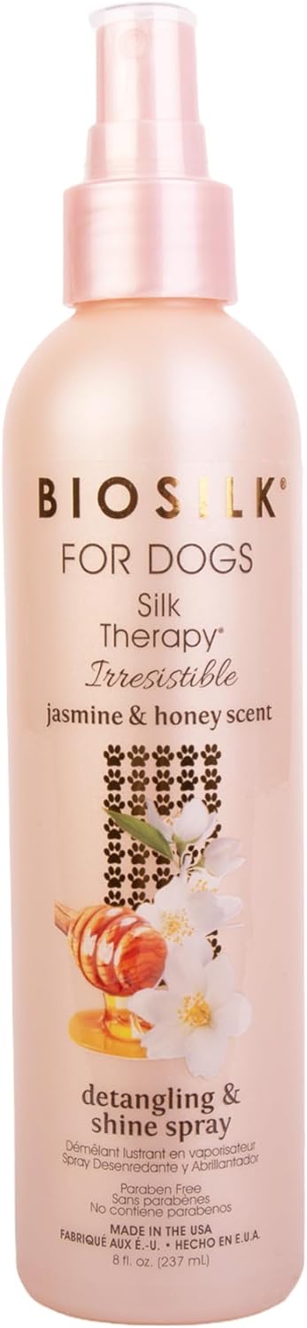 BioSilk for Dogs Silk Therapy Irresistible Detangling and Shine Spray, Jasmine and Honey Scent, Hydrolyzed Silk Proteins, Paraben Free, pH Balanced for Dogs, Safe for Dogs 8 Weeks+, 8 fl oz