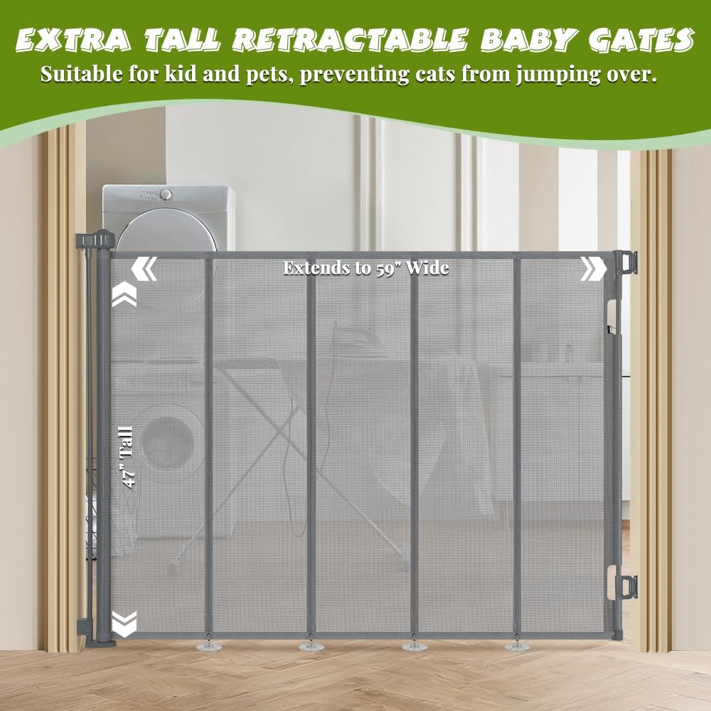 47" Extra Tall Retractable Baby Gates, Extends to 71" Wide, ExtraTall Retractable Safety Gate with Reinforced Strips, Retractable Tall Dog Gates for Doorways Mesh Baby Pet Gates Indoor, Grey