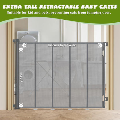 47" Extra Tall Retractable Baby Gates, Extends to 71" Wide, ExtraTall Retractable Safety Gate with Reinforced Strips, Retractable Tall Dog Gates for Doorways Mesh Baby Pet Gates Indoor, Grey