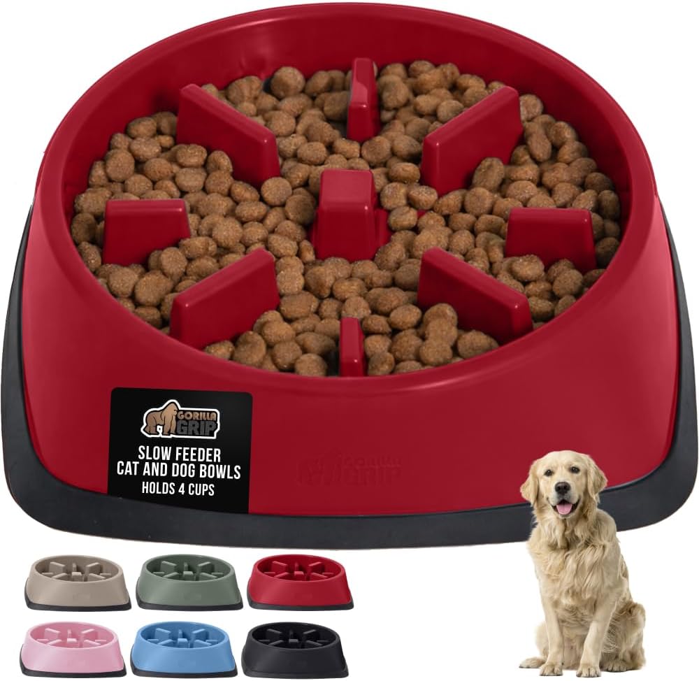 GORILLA GRIP® Patented BPA Free Slow Feeder Dog Bowls, Interactive Puzzle Toy for Dogs and Cats Food Training Enrichment, Keeps Pets Busy and Prevents Puppy Overeating, Small Breeds, 1 Cup, Gray