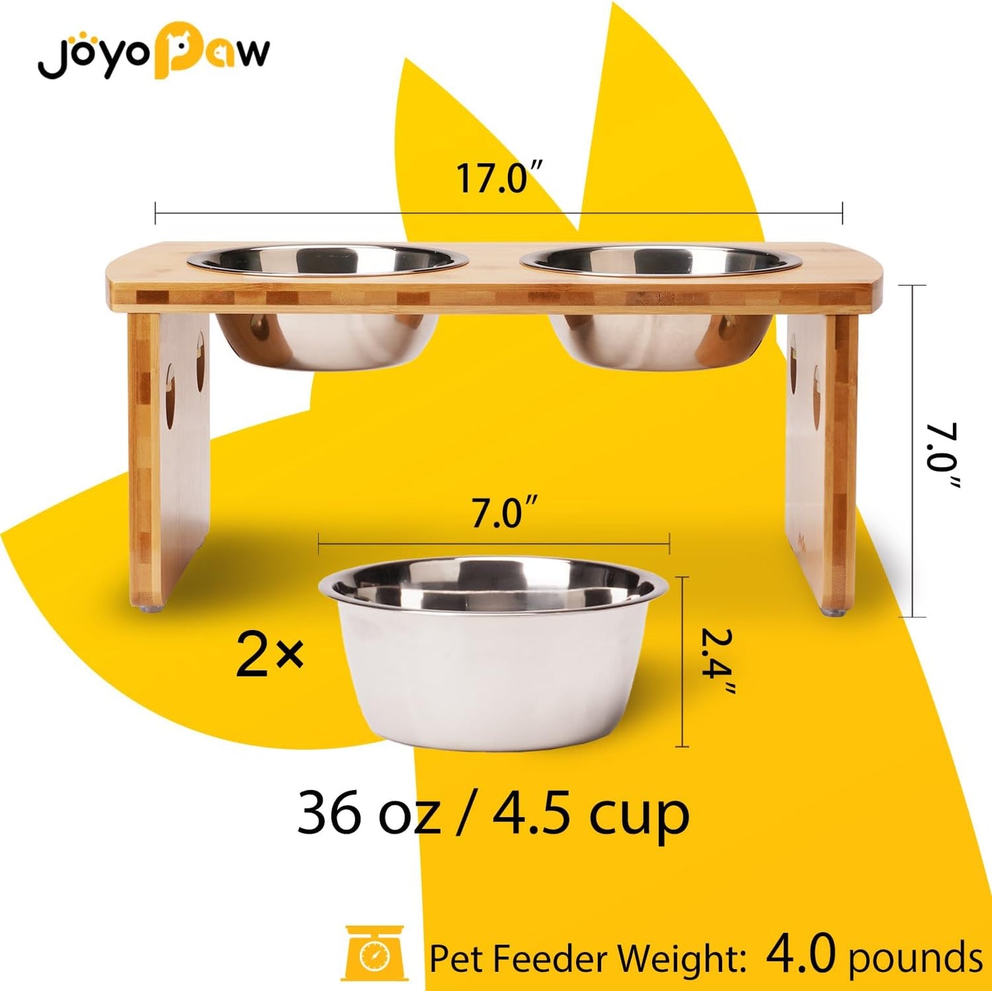 Elevated Dog Bowls, Bamboo Raised Dog Bowl for Medium Dogs, with 2 Stainless Steel Bowls (7'' Tall-40 oz Bowl)