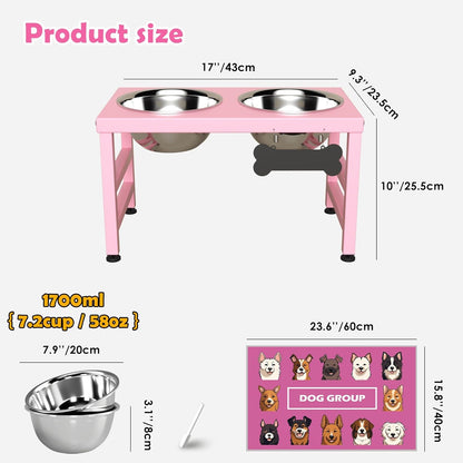 ADENGL Elevated Dog Bowls, 10" Tall Height, Raised Bowl Stand with 2 Stainless Steel Food Feeder Bowls (58oz) and Spill-Proof Mat for Medium Large and Small Breeds