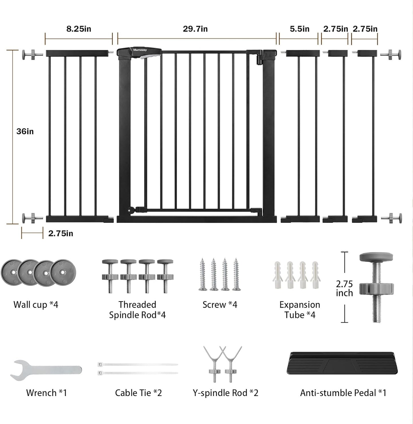 Mumeasy 36" High Extra Tall Dog Gate, 29.6"-40.5" Wide Pressure Mounted Tall Baby Gate for Dog, Auto Close Pet Gate with Door for Stairs,Doorways,House,Black