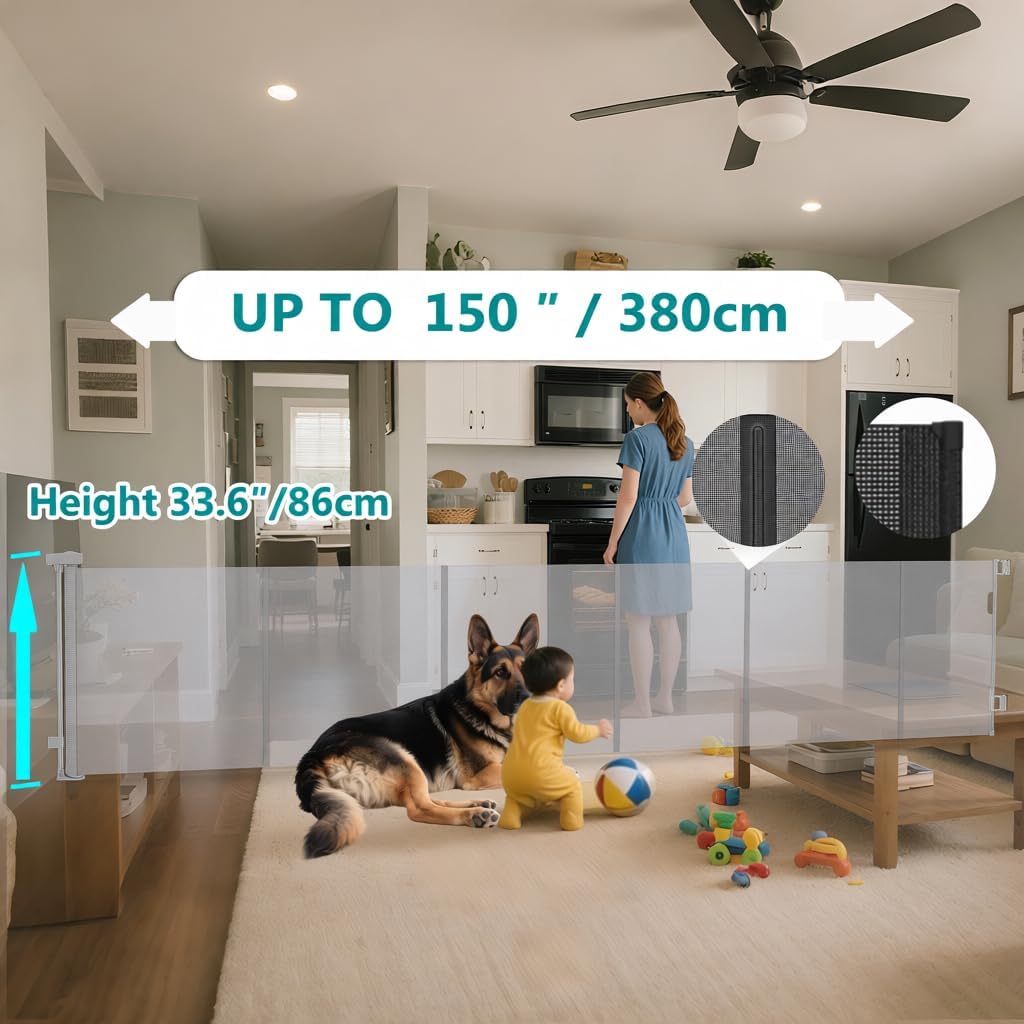 236 Inch Extra Wide Retractable Baby Gate,Mesh Baby Gate or Mesh Dog Gate,34" Tall,Child Safety Gate for Doorways, Stairs, Hallways, Indoor or Outdoor