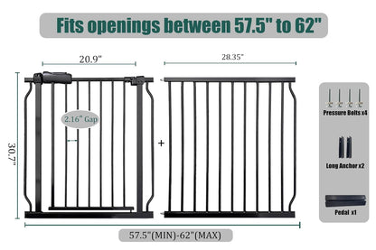 Extra Wide Baby Gate 85.8-90.5" Dog Gate Indoor Pressure Mounted No Drill Safety Gate for Large Entries, Kitchen,Stairs & Doorways, Black Metal Indoor Pet Gate for Kids & Dogs