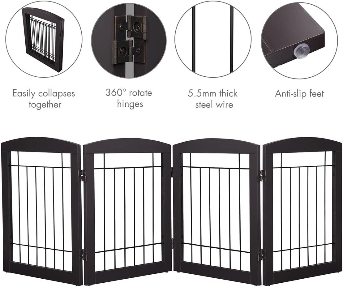 PAWLAND Free Standing Dog Gates for The House Stairs Doorways Indoor Foldable Wooden Small White Puppy Pet Gate Step Over Fence 60" W 24" H 3 Panels