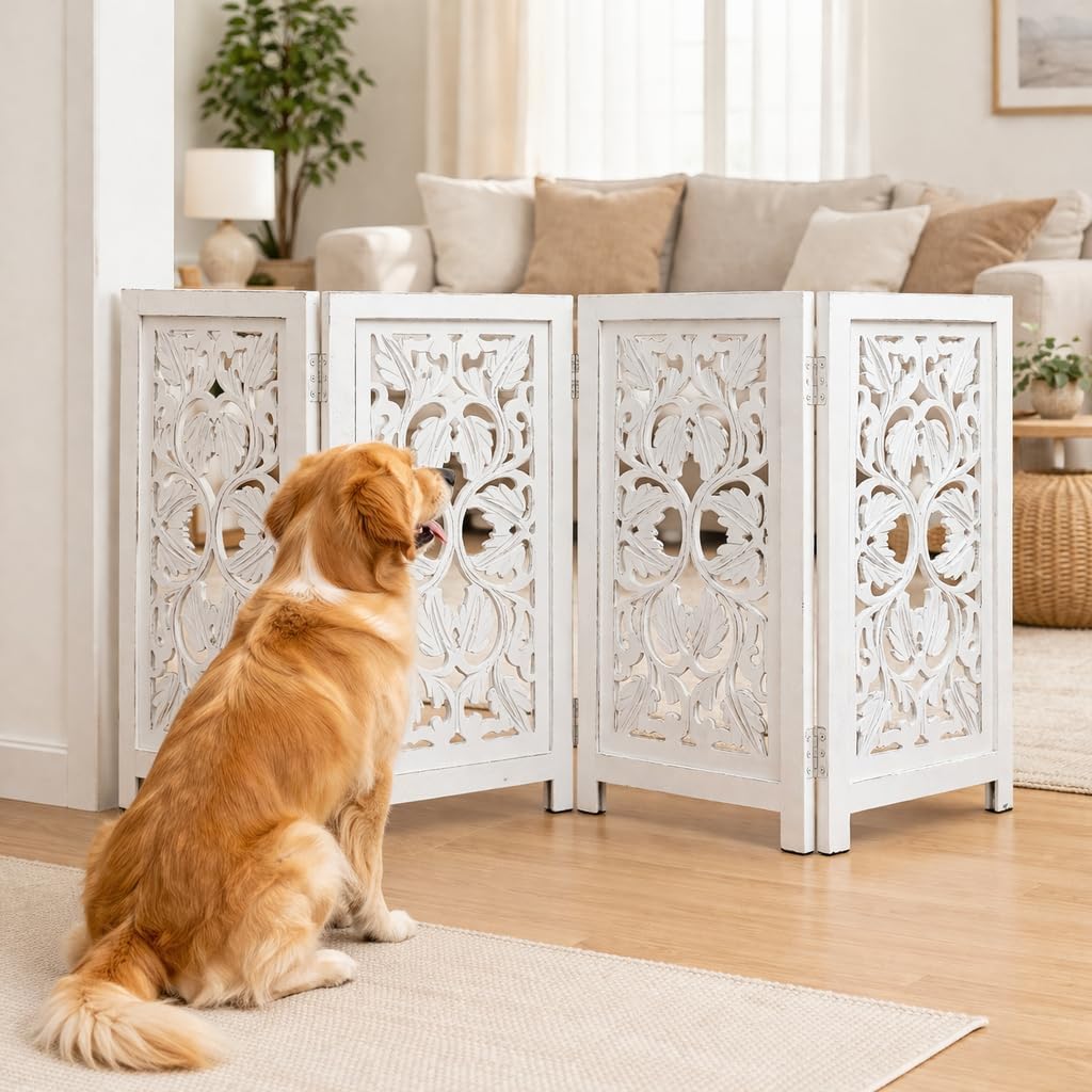Freestanding Pet Gate for Dogs, Foldable Wooden Dog Gate for House, Indoor Dog Gate for Stair, Doorway, House Design Gates for Dogs Indoor, 72 Inch Wide, (18" x4 Panels 72 inch), Burnt Finish