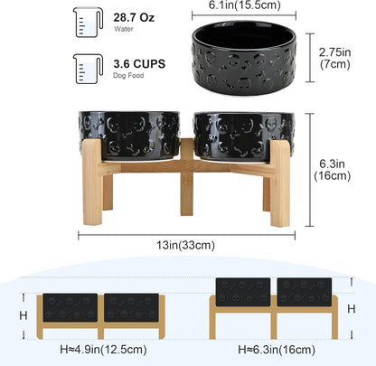 SPUNKYJUNKY Elevated Dog Bowls Ceramic, 6.1'' Dogs and Cat Food Water Bowls Raised with Non-Slip Bamboo Stand for Medium Sized Breed Microwave Dishwasher Safe - 28.7 OZ,Beige