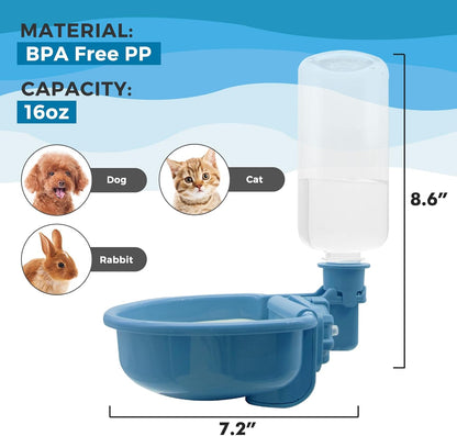 VANNON 16oz Pet Water Bottle, Gravity Dog Water Bowl Dispenser for Cage, Anti-Overflow Water Dispenser for Small Dogs, Cats, Rabbits and Other Small Animals, BPA Free, Grey