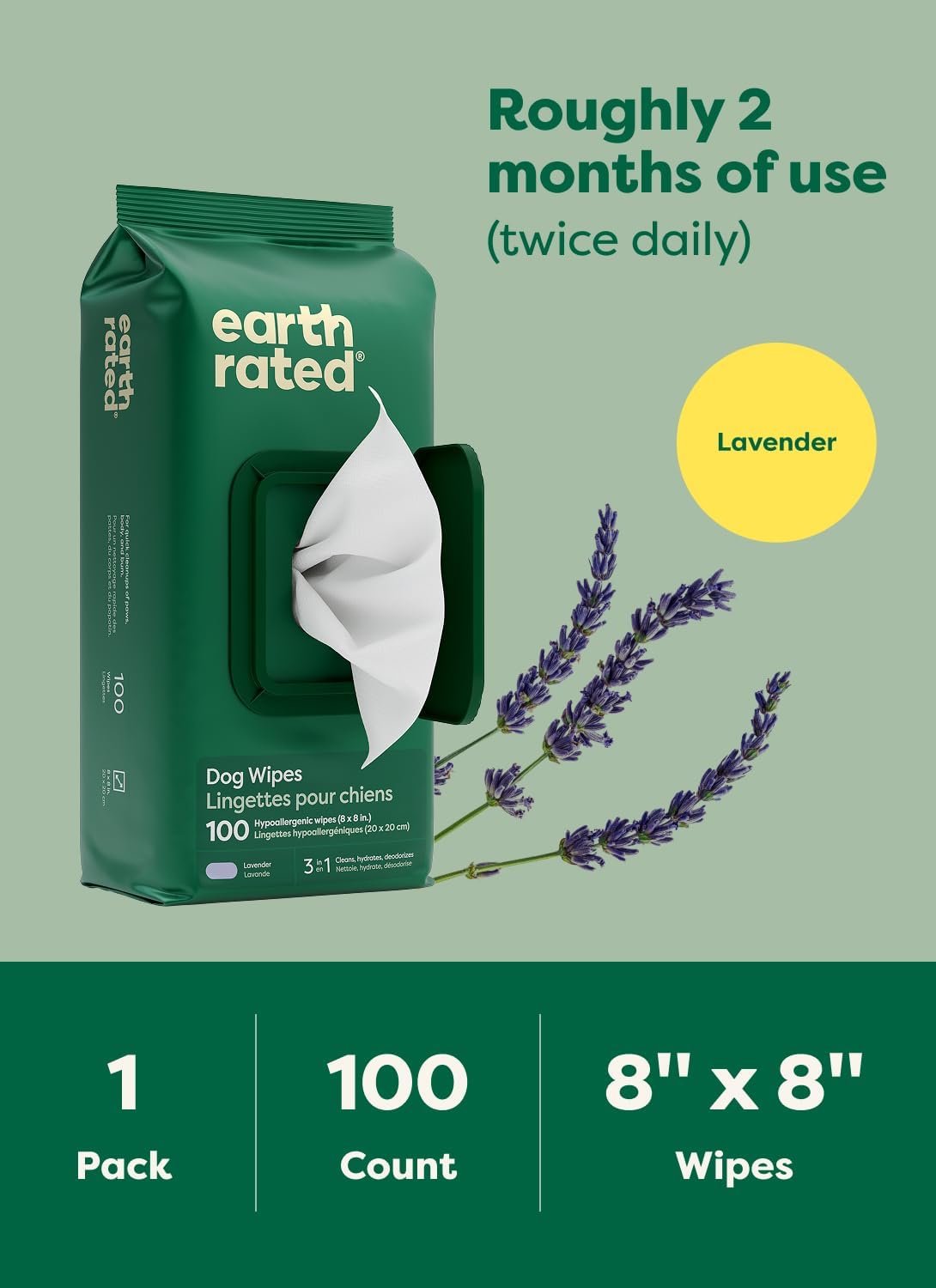 Earth Rated Dog Wipes, Hypoallergenic, Cleaning and Hydrating, for Grooming Paws, Body and Butt, Lavender Scented, 400 Count