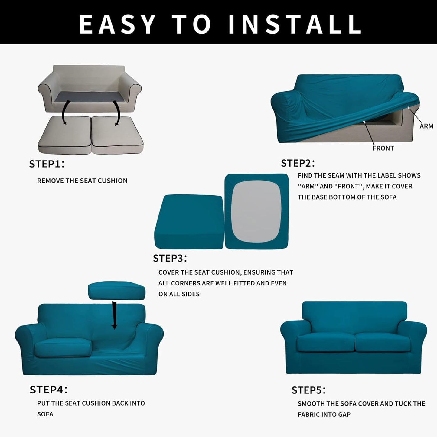 Easy-Going 100% Dual Waterproof 4 Pieces Stretch Soft Couch Cover for Dogs, Sofa Slipcover for 3 Separate Cushion Couch Leakproof Furniture Protector for Kids, Pets Dark Gray