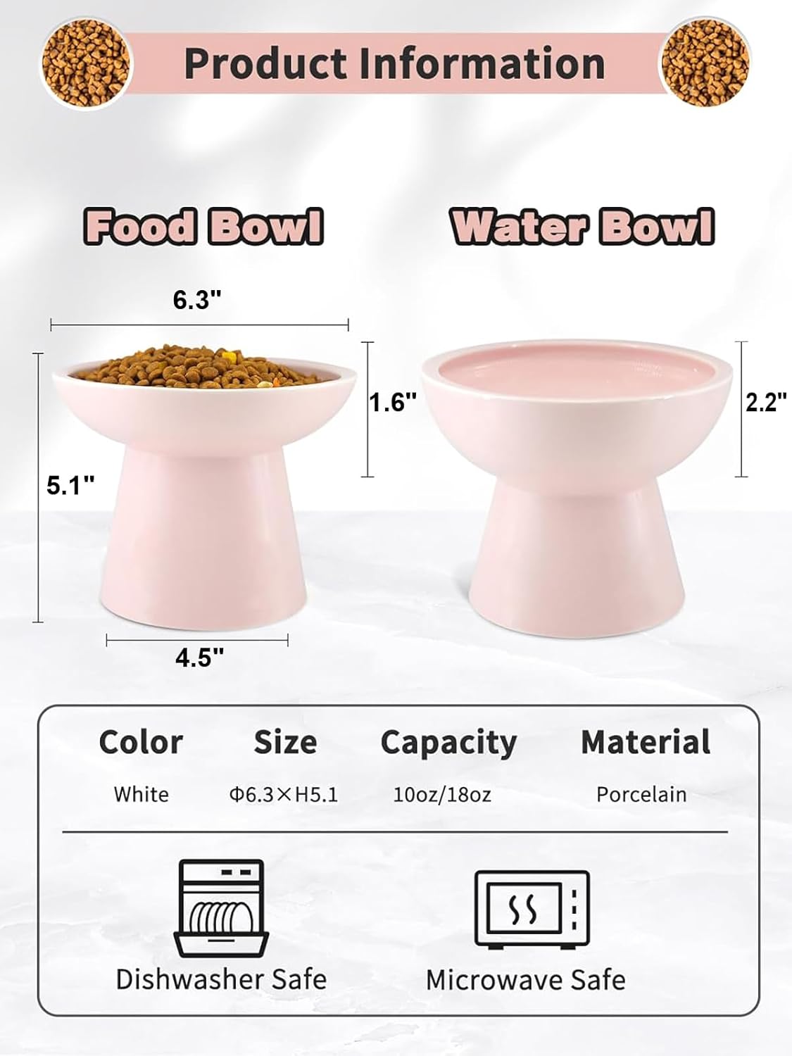 LoeJan Elevated Cat Food and Water Bowls Set, Extra Wide and Raised Ceramic Bowls, Anti-Vomit Whisker-Free Pressure Cat Feeder for Kittens to Adult Cats and Small Dogs (White, Water Bowl)