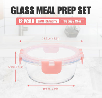 GULFLIN 24-Piece Small Glass Food Storage Containers with Lids Airtight, 1.5 Cup Meal Prep Containers Set, Microwave&Dishwasher Safe, Leak-Proof, BPA-Free, Grey