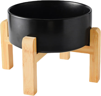6'' Ceramic Raised Dog Bowl - 30Oz Dog Food & Water Bowl with Elevated Non-Slip Bamboo Stand, Dishwasher & Microwave Safe, Anti Vomiting Heavy Duty Pet Bowl for Small and Medium Dogs, White