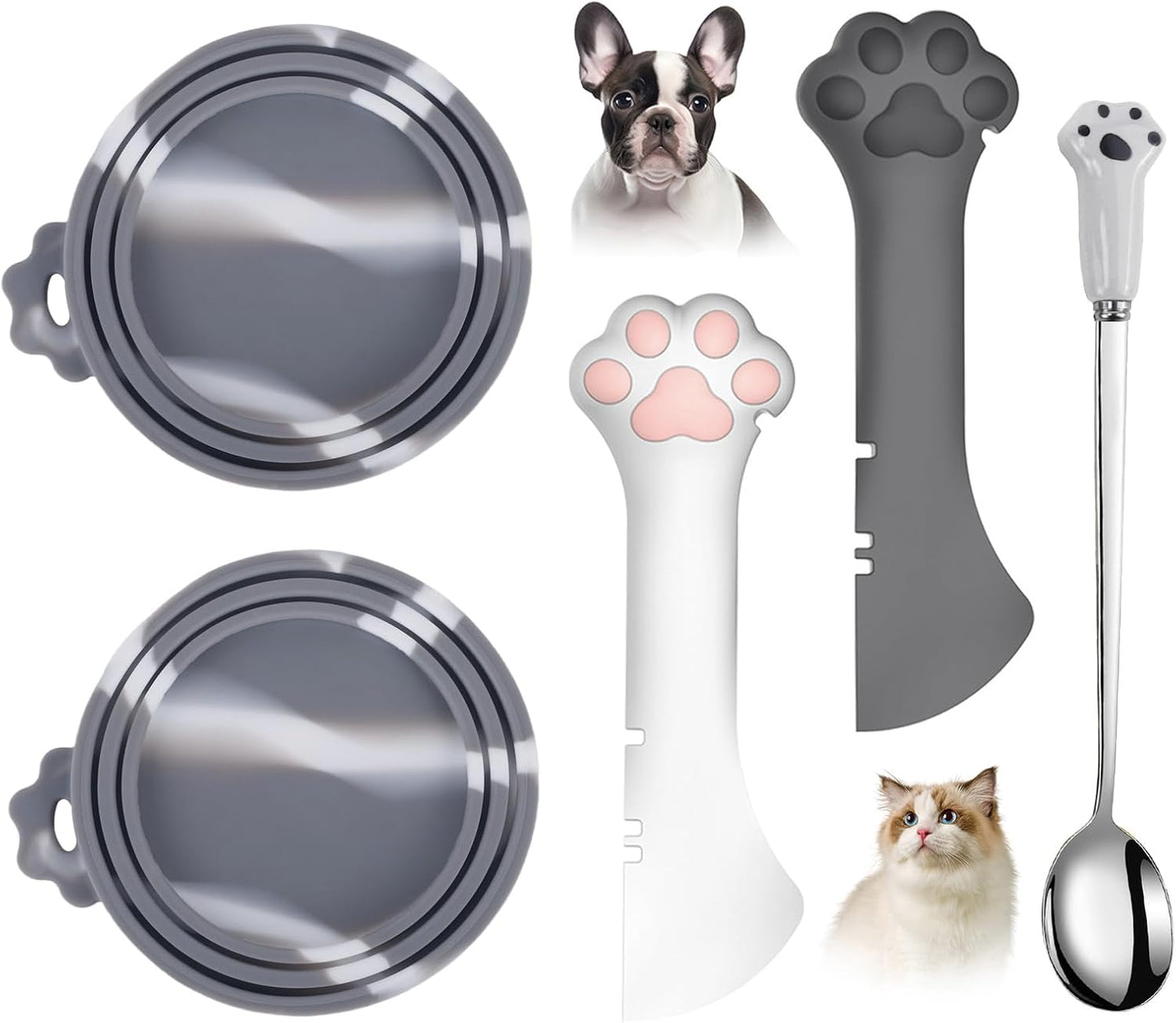 Comtim 5 PCS Pet Food Can Lids & Spoons Set - Silicone Dog Cat Covers With Multi-Function Spatula Opener for Wet Food - Long Handle Easy to Scoop