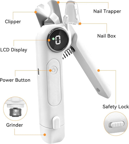 Dog Nails Clippers & Grinders - 2in1 Trimmer with LCD Display and LED Lights Cat Claw Nail File with Protective Guard Rechargeable Electric Pet Toenail Silent Grooming Pro