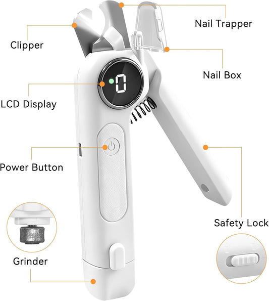 Dog Nails Clippers & Grinders - 2in1 Trimmer with LCD Display and LED Lights Cat Claw Nail File with Protective Guard Rechargeable Electric Pet Toenail Silent Grooming Pro