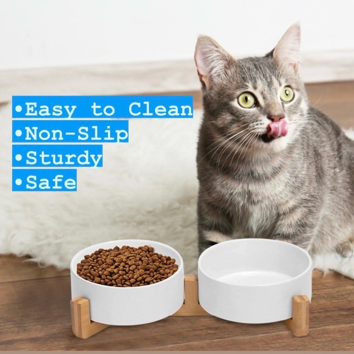 Ceramic Cat and Small Dog Bowl Set – Modern Indoor Small Size Pet Food and Water Bowls with Wood Stand – Non Slip Puppy Sized Feeding Station with Double Dishes (Gray)