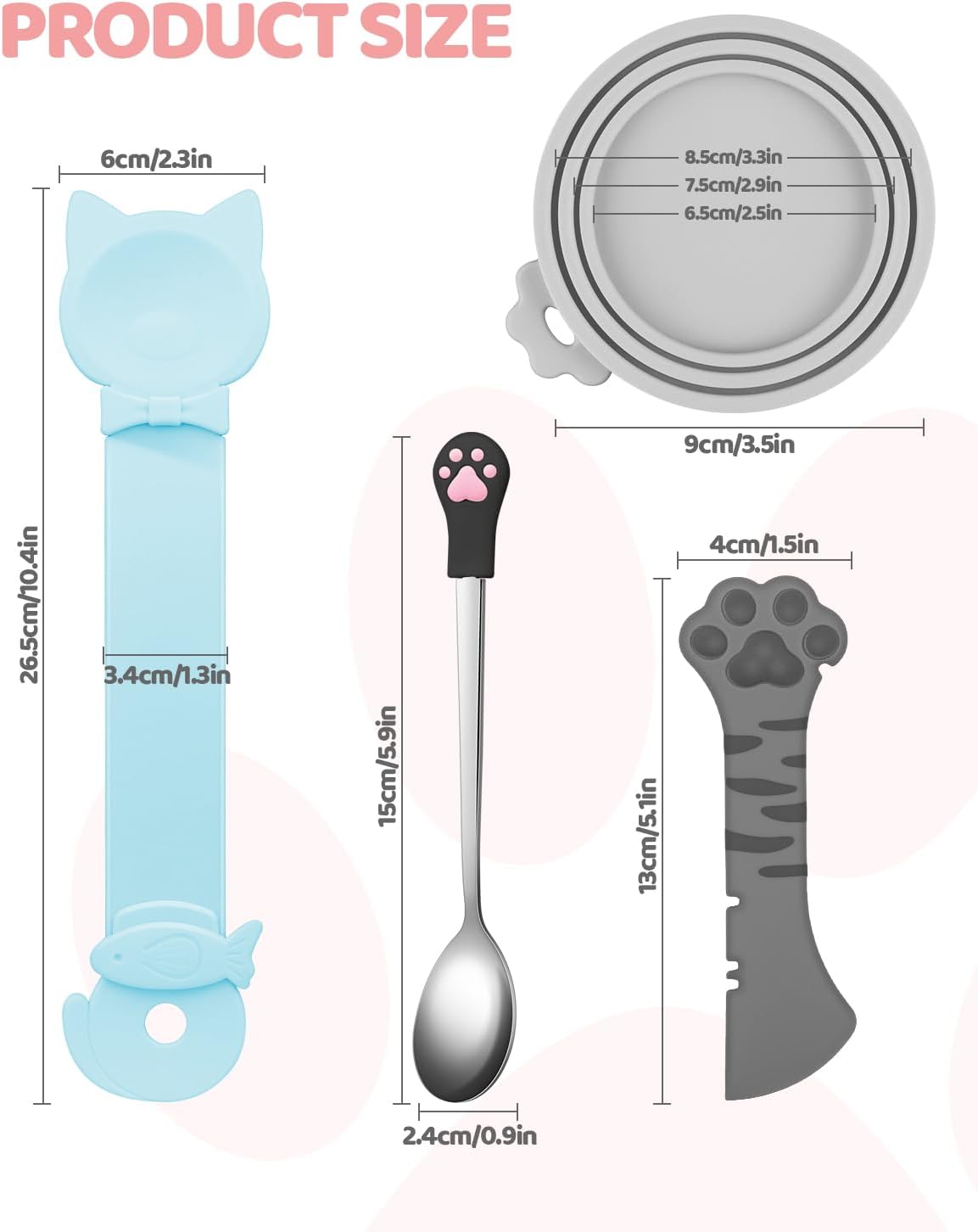 5 PCS Cat Food Can Covers Lids Set, Silicone Pet Food Can Lids with Multi-Function Cat Food Spoon and Opener, Cat Bar Squeezer, Stainless Steel Wet Food Spoon for Cats and Dogs (Pink) (Pink)
