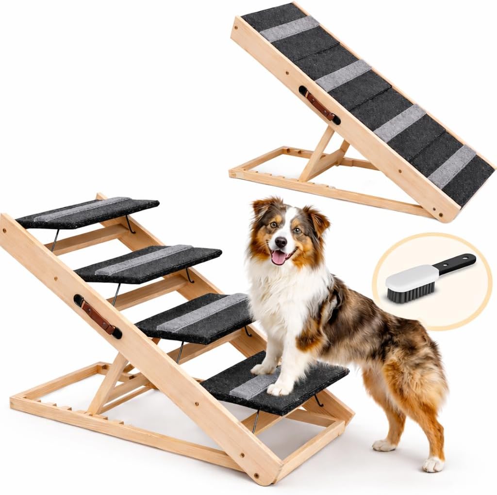 3 Steps Wood Pet Stairs & Ramp for Small and Medium Dogs and Cats, Portable Ramp Pets 2-in-1 Foldable, Non-Slip Pet Ladder for Tall Beds, Sofa, Cars, Holds Up to 220 lbs (3 Steps)