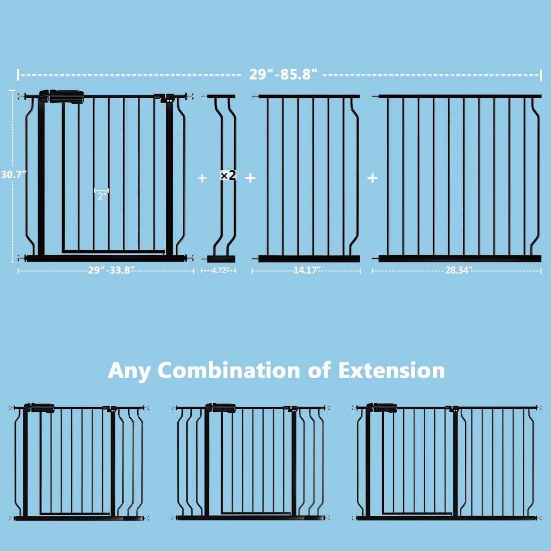 Extra Wide Baby Gate with Door, 52.76~62.2 Inch Wide Presure Mounted No Drill Metal Auto Close Child Gate for Stair Doorway - Indoor Outdoor Safty Gate for Toddler Dog Doggie, Black