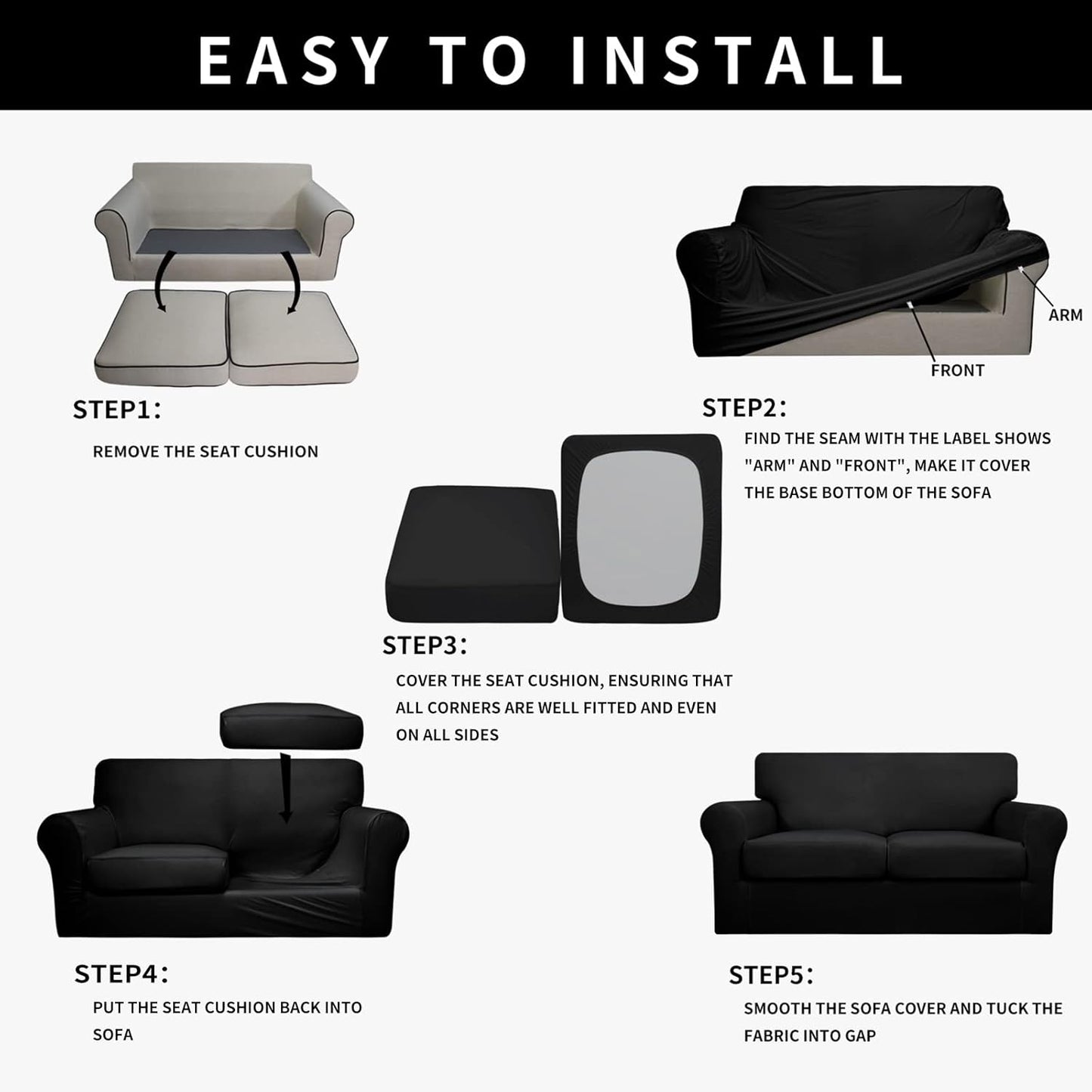 Easy-Going 100% Dual Waterproof 4 Pieces Stretch Soft Couch Cover for Dogs, Sofa Slipcover for 3 Separate Cushion Couch Leakproof Furniture Protector for Kids, Pets Dark Gray