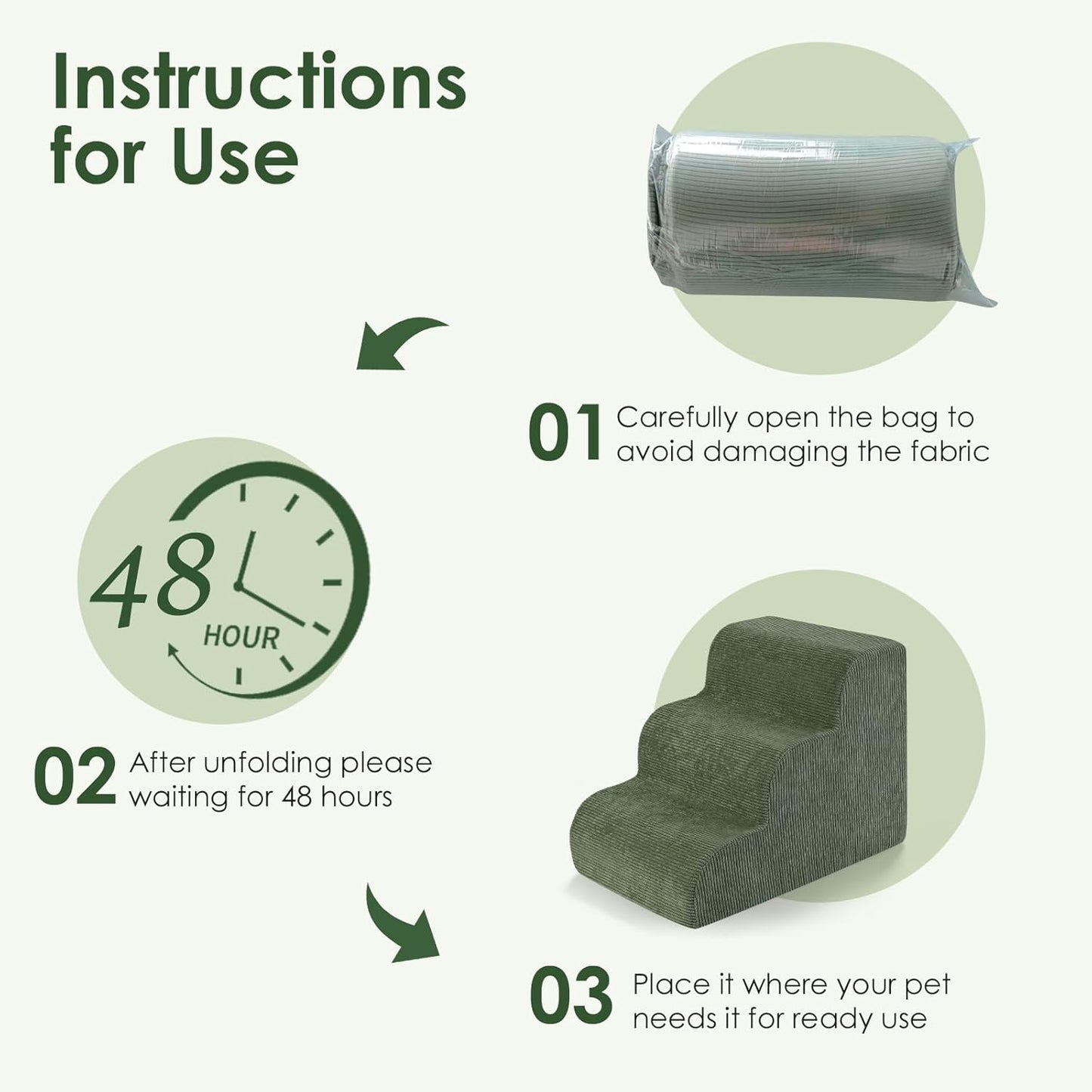 Dog Stairs for Bed 15" H, 3-Step Dog Ramp for Aged and Injured Dogs, Up to 50 Lbs Foam Pet Stairs for Small Dogs and Cats to Get on Couch or Chair, Non-Slip, Steady, Washable Cover, Green