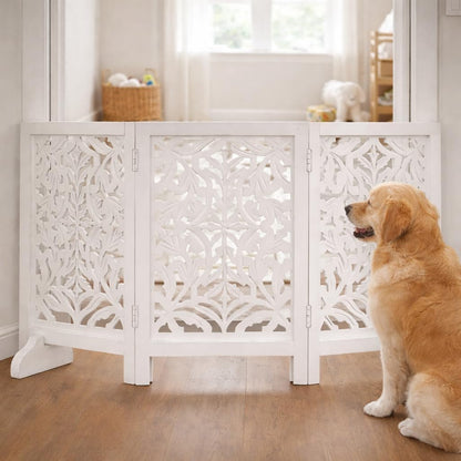 Freestanding Pet Gate for Dogs, Foldable Wooden Dog Gate for House, Indoor Dog Gate for Stair, Doorway, House Design Gates for Dogs Indoor, 72 Inch Wide, (18" x4 Panels 72 inch), Burnt Finish