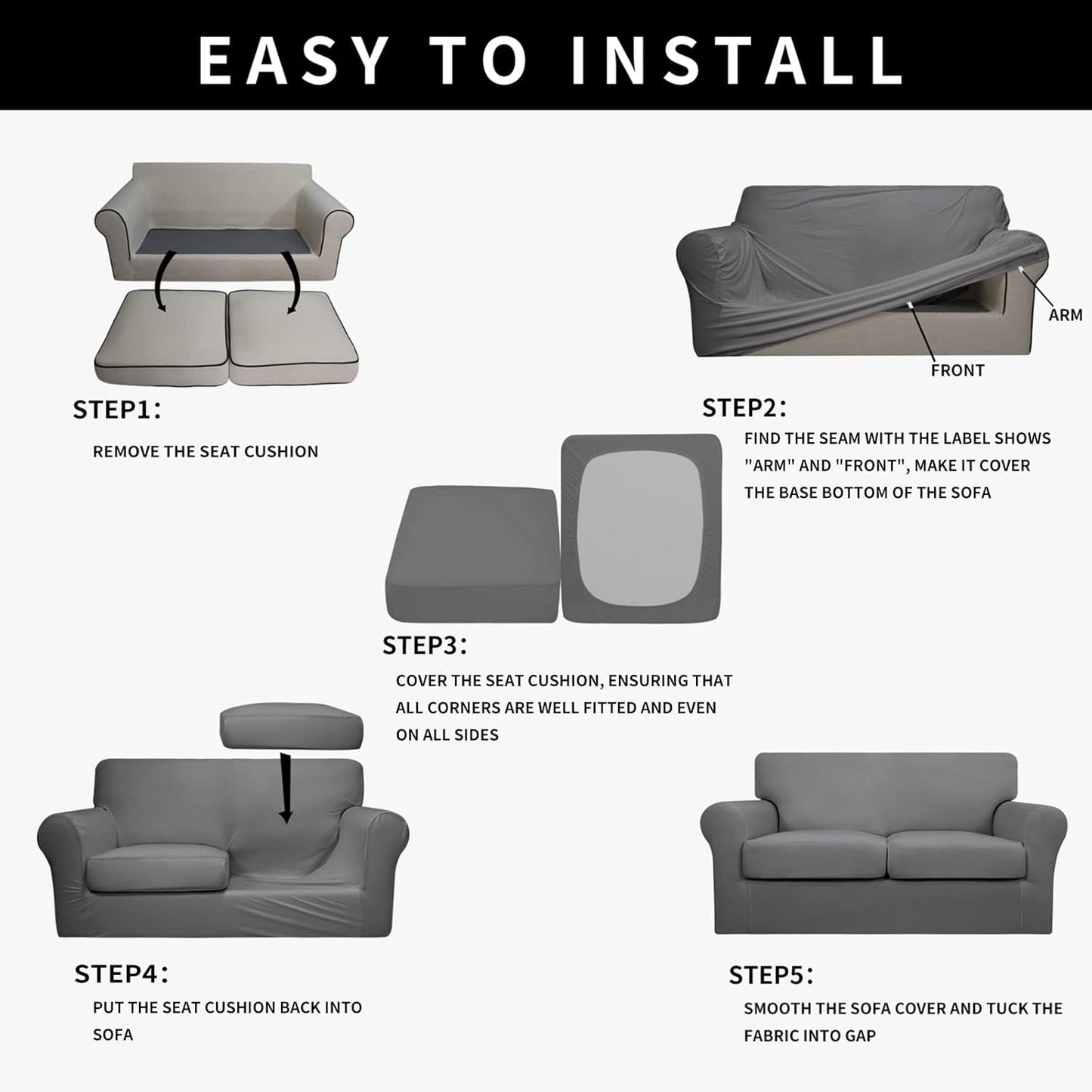 Easy-Going 100% Dual Waterproof 4 Pieces Stretch Soft Couch Cover for Dogs, Sofa Slipcover for 3 Separate Cushion Couch Leakproof Furniture Protector for Kids, Pets Dark Gray
