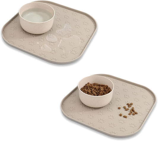Pet Feeding Mat, Waterproof Anti-Slip Placemats for Dog Cat Bowl Silicone Pet Food Mat, Raised Edge Prevent Spills on Floor & Carpet, Dishwasher Safe (Beige, 11" x 11")