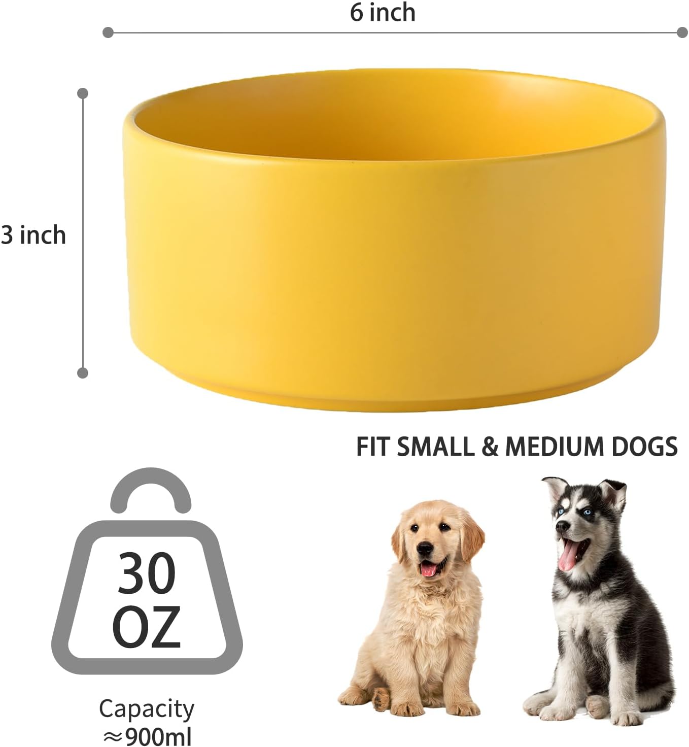 6'' Ceramic Raised Dog Bowl - 30Oz Dog Food & Water Bowl with Elevated Non-Slip Bamboo Stand, Dishwasher & Microwave Safe, Anti Vomiting Heavy Duty Pet Bowl for Small and Medium Dogs, White