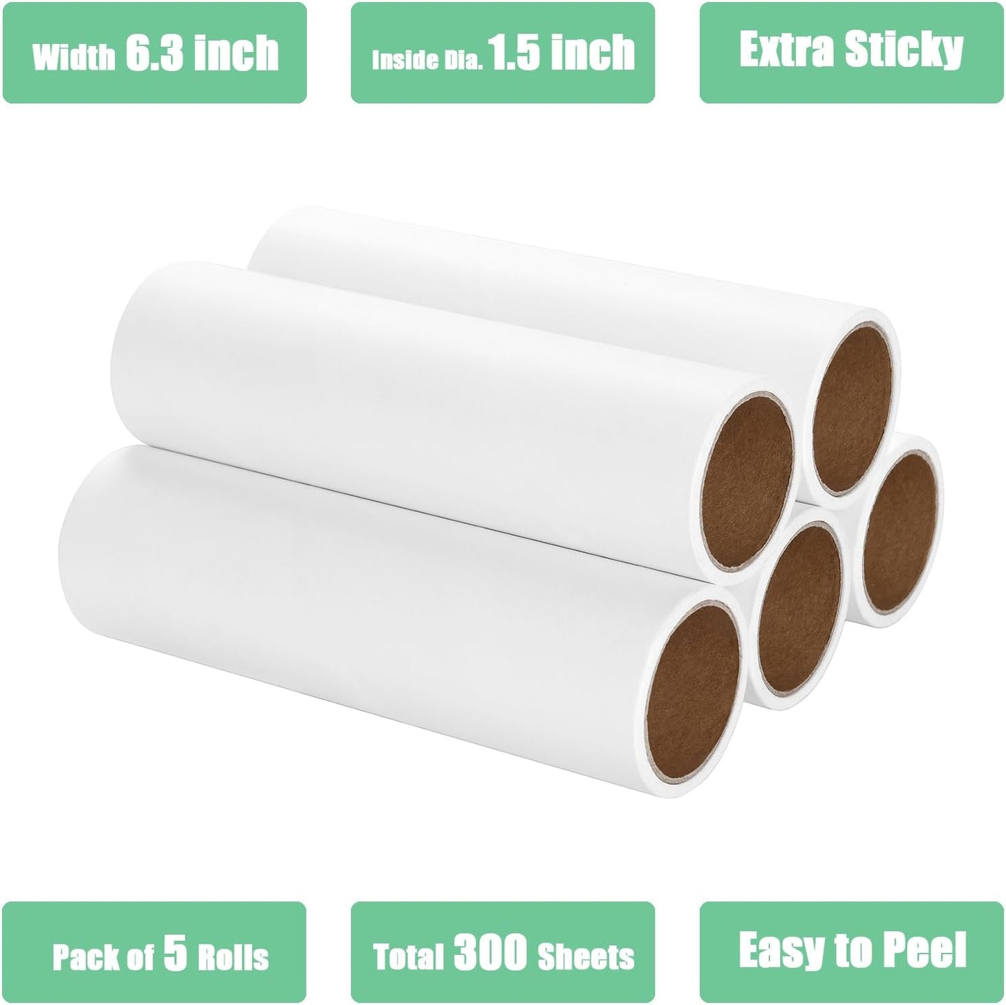 7.5 inch Lint Roller Refills Only, Pet Hair Remover Refills for Clothes Carpet Floor Couch, Extra Sticky Lint Brush Roller Refills, Pack of 5 Rolls, Total 300 Sheets (7.5'' Wide)