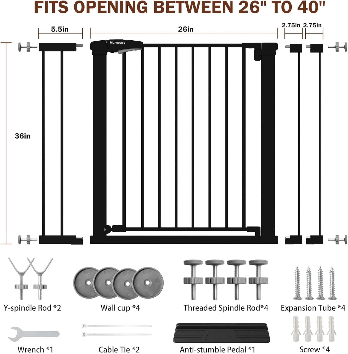 Baby Gate for Stairs, 29.7-40.6" Auto Close Dog Gate Indoor for Doorways, Dual-Lock Design, Adjustable Pet Gate No Drilling with Walk Thru Door for Hallways, Stroller Friendly, Black