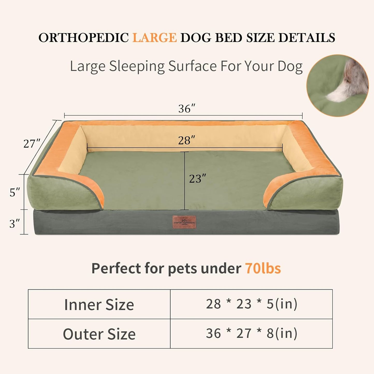 Comfort Expression Orthopedic Dog Bed for Extra Large Dogs 42x30 Inch, Waterproof Egg Crate Foam XL Pet Bed with Removable Bolsters, Dog Couch with Washable Cover & Non-Slip Bottom, Grey - Colors A