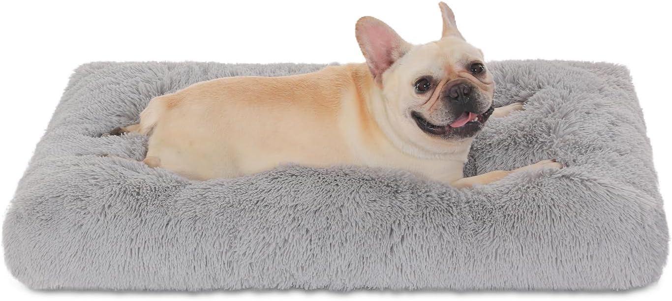 Bedfolks Waterproof Dog Crate Bed, Plush With Removable Washable Cover, Faux Fur Crate Pad for Medium Dogs, Fluffy Kennel 29"x21", Dark Grey
