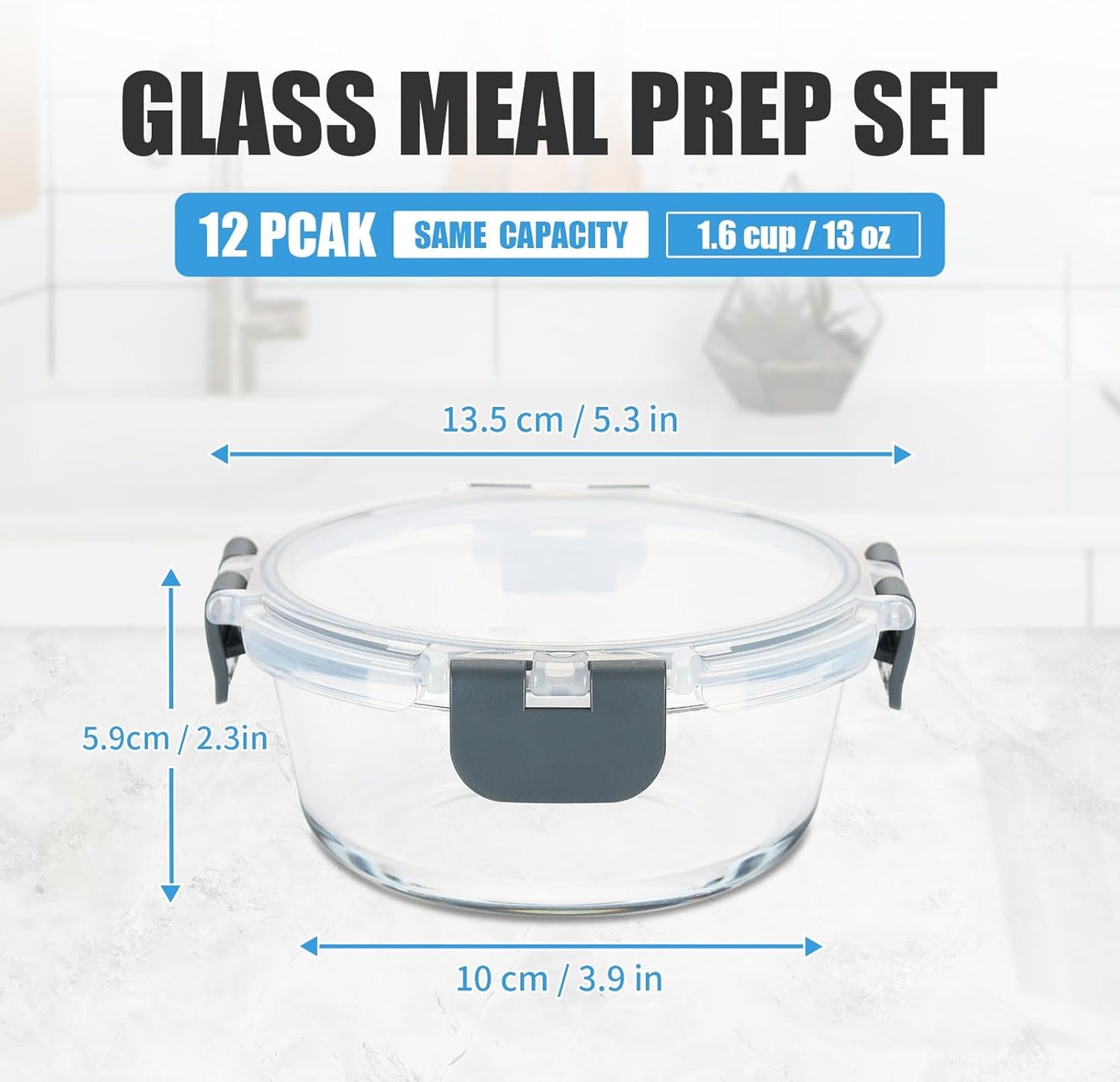 GULFLIN 24-Piece Small Glass Food Storage Containers with Lids Airtight, 1.5 Cup Meal Prep Containers Set, Microwave&Dishwasher Safe, Leak-Proof, BPA-Free, Grey