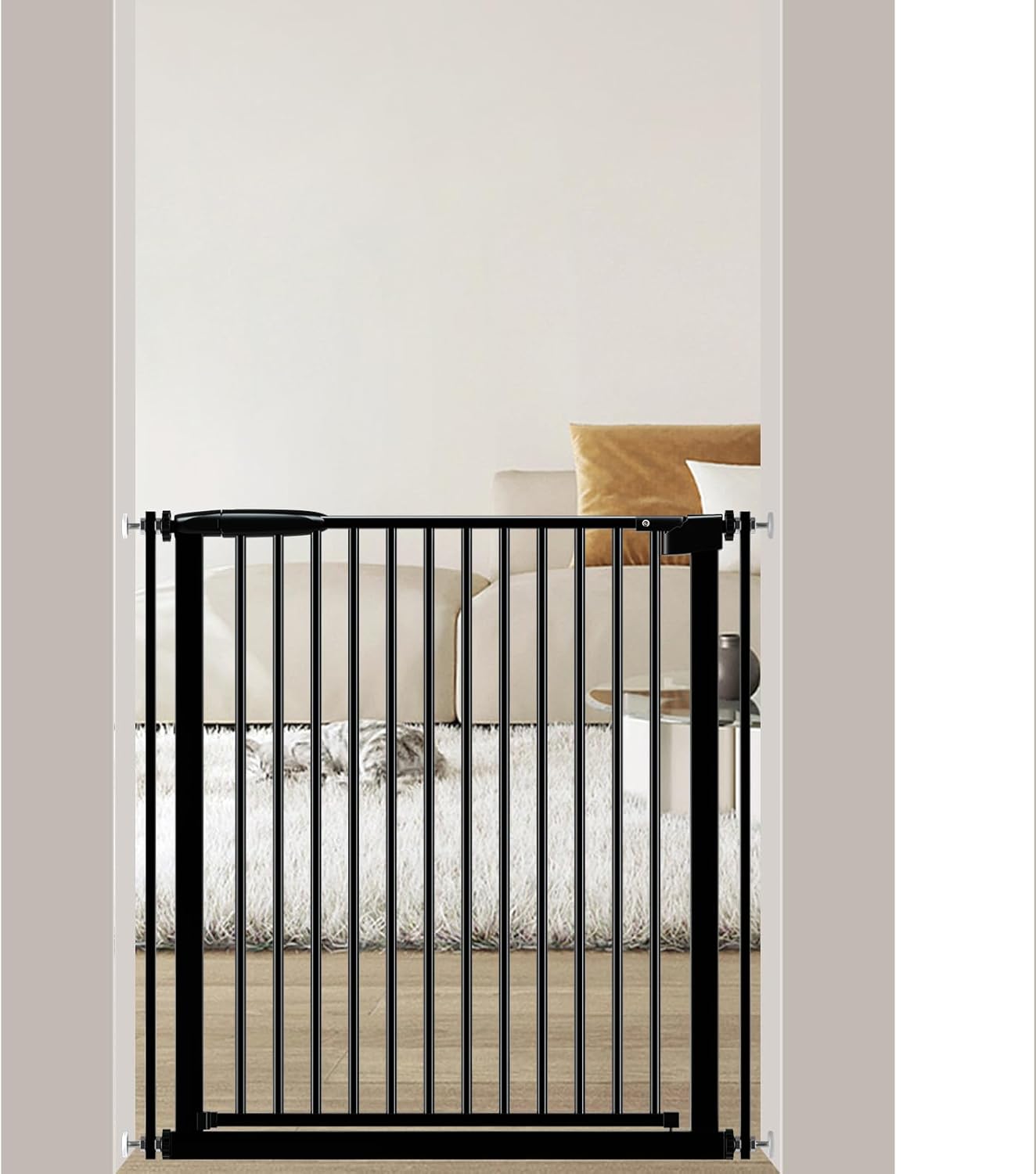 DEARBB Extra Wide Baby Gate Ultra Narrow Spacing 30.11-77.36" Pressure Mounted Double Lock Swing Auto Close Walk Through Metal Safety Pet Gate for Stairs and House Doorway Kitchen