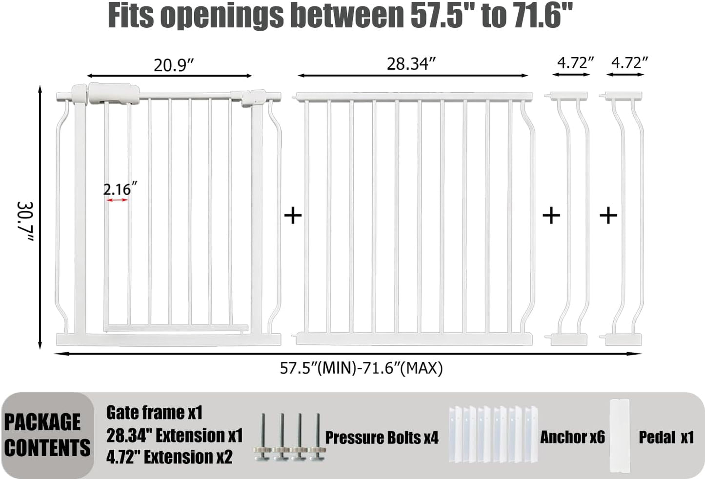 24-29 Inch Narrow Baby Gate, Pressure Mounted No Drilling Dog Gate for Stairs & Doorways, White Metal Safety Gate Indoor for Kids and Pets