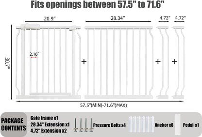 24-29 Inch Narrow Baby Gate, Pressure Mounted No Drilling Dog Gate for Stairs & Doorways, White Metal Safety Gate Indoor for Kids and Pets