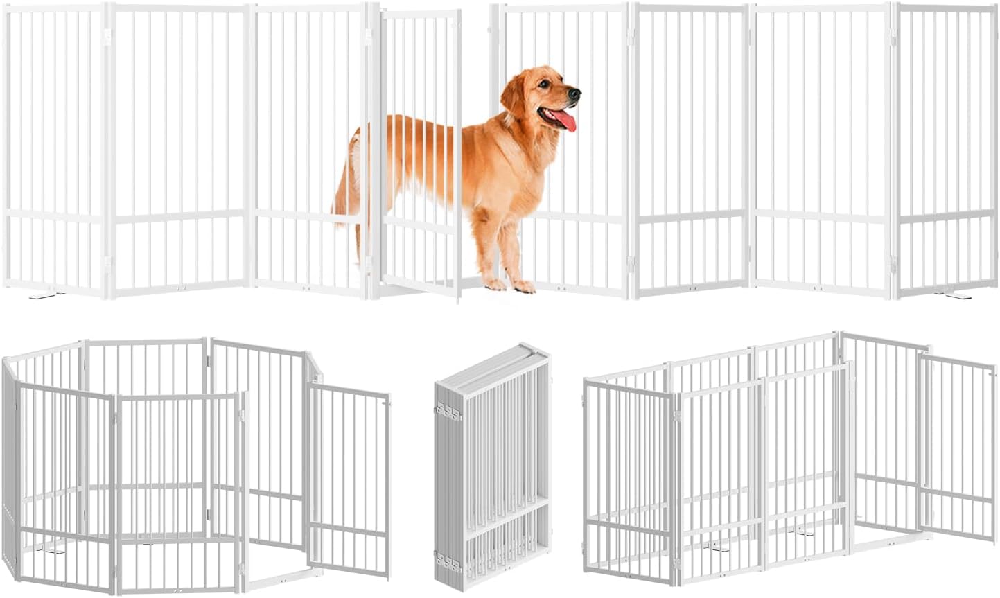 SNUOWU Full Metal Freestanding Dog Gate with Door, 32''Height Foldable Pet Dog Fence for Indoor & Outdoor, 4 Panels Extra Wide Free Standing TallDog Gates for Doorways,House,Stairs,Porch,Deck,Yard