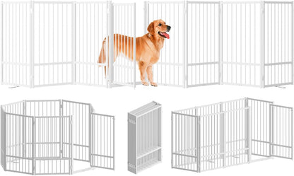SNUOWU Full Metal Freestanding Dog Gate with Door, 32''Height Foldable Pet Dog Fence for Indoor & Outdoor, 4 Panels Extra Wide Free Standing TallDog Gates for Doorways,House,Stairs,Porch,Deck,Yard